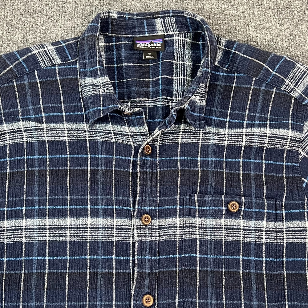 Patagonia Shirt Mens Medium Blue  Organic Cotton Plaid Outdoor Hiking Casual